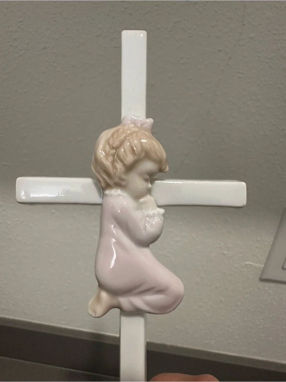 Vintage White Cross Wall Decor with Pink Praying Child Accent 1996